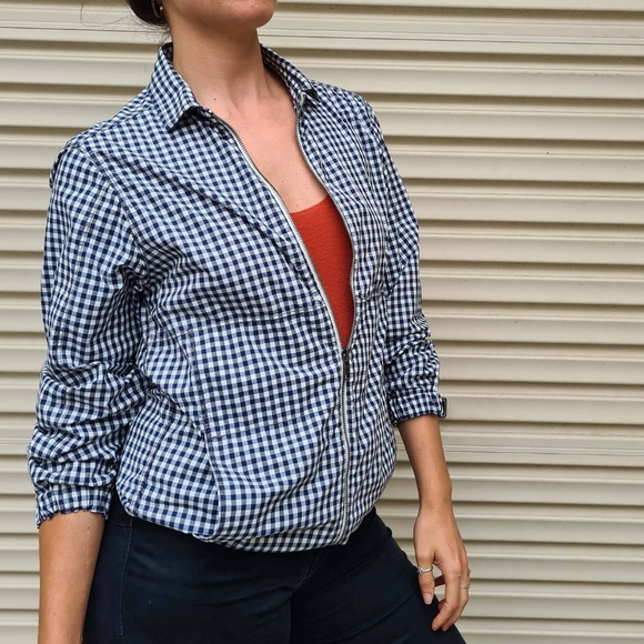 Navy blue & white gingham zip up with collar - Picture 4 of 10